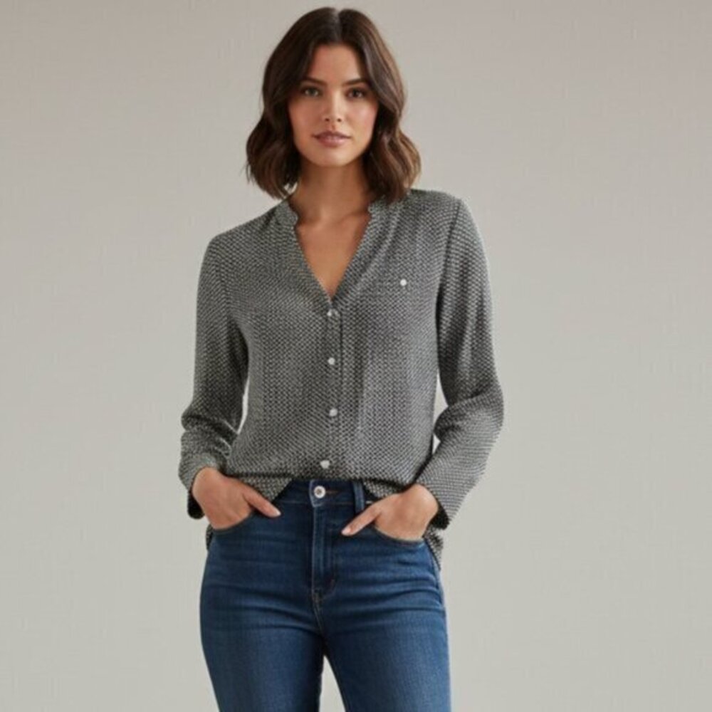 Mango Basics Women's Blouse Top Button down front Shirt Print Pattern Size XS